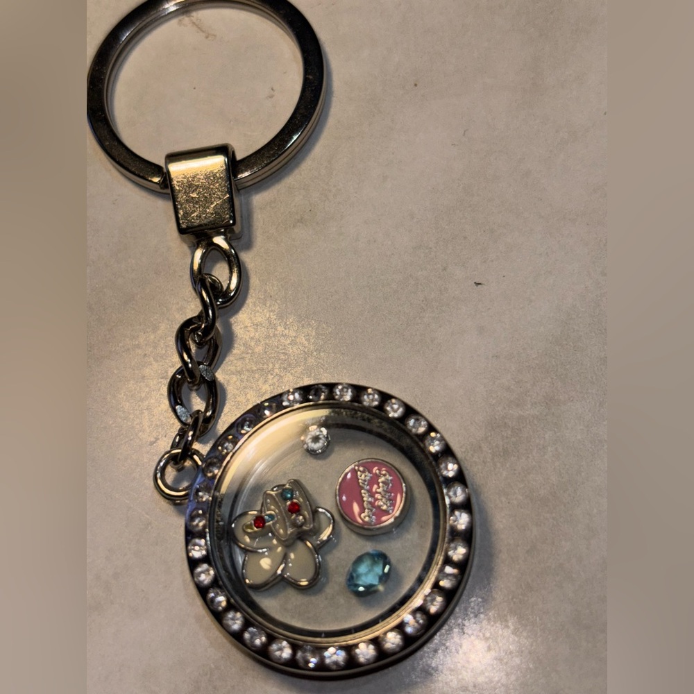 Silver and Pink Keychain with Charms memory charm locket, happy birthday theme 🎂